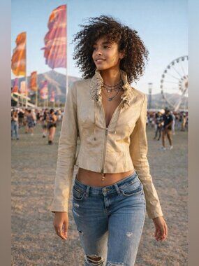 Danier Y2K 90s Leather Jacket Beige Ruffle Collar Size 2XS Fitted Moto Festival